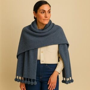 Alpaca Angora Wrap lShawl Pom Pom's Trim Luxury Artisan Peruvian Soul Denim Blue
